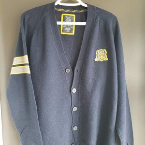 Gant Large Blue Cardigan with Grey & Yellow Arm Stripe 100% Lambswool